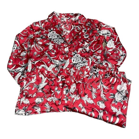 Victoria's Secret Other - Victoria's Secret Red Black Cherry Satin Asian Wrap Top And Pants Pajama Set S